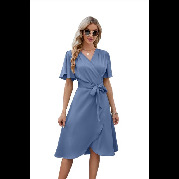 Vestido Cruzado para Mujer, Cuello en V, Corta, Lazo en la Cintura, Volantes, Abertura, Vestido Informal Midi, Gris Azul, XL