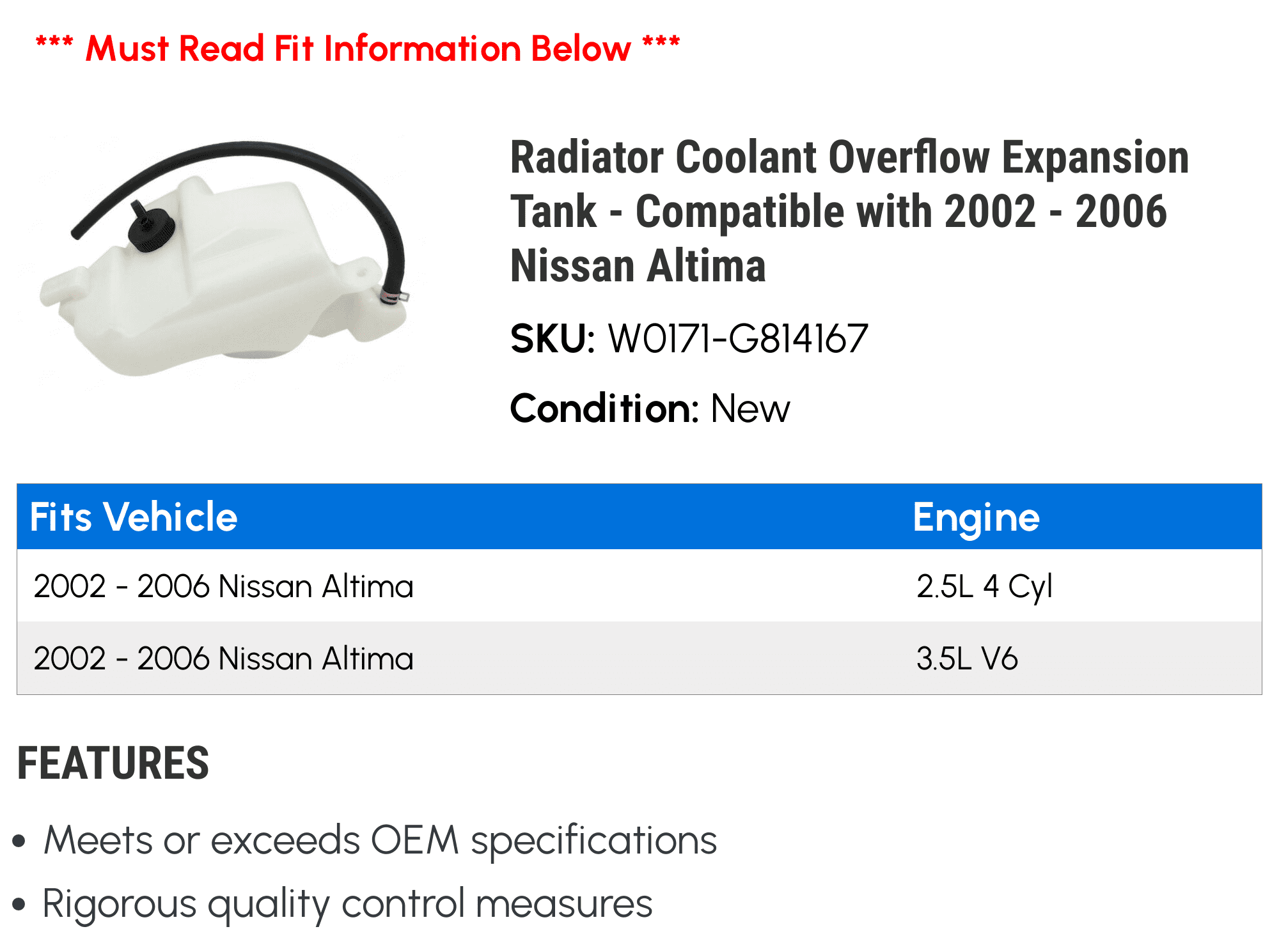 Radiator Coolant Overflow Expansion Tank - Compatible with 2002 - 2006 Nissan Altima 2003 2004 2005