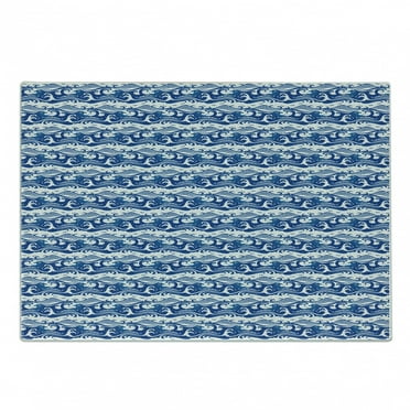Blue and White Cutting Board, Stormy Ocean with Swirling Waves and Flying Seagulls in Abstract Style, Decorative Tempered Glass Cutting and Serving Board, Small Size, Blue and White, by Ambesonne