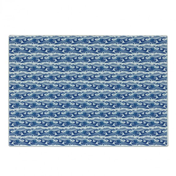 Blue and White Cutting Board, Stormy Ocean with Swirling Waves and Flying Seagulls in Abstract Style, Decorative Tempered Glass Cutting and Serving Board, Small Size, Blue and White, by Ambesonne