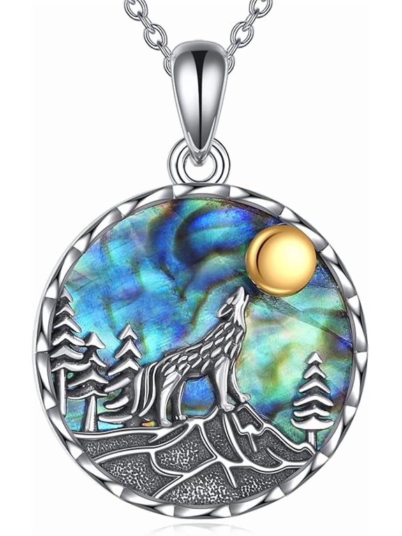 Wolf Necklace Gifts for Men Women Sterling Silver Opal Moon Wolfs Jewelry Birthday 18+2"