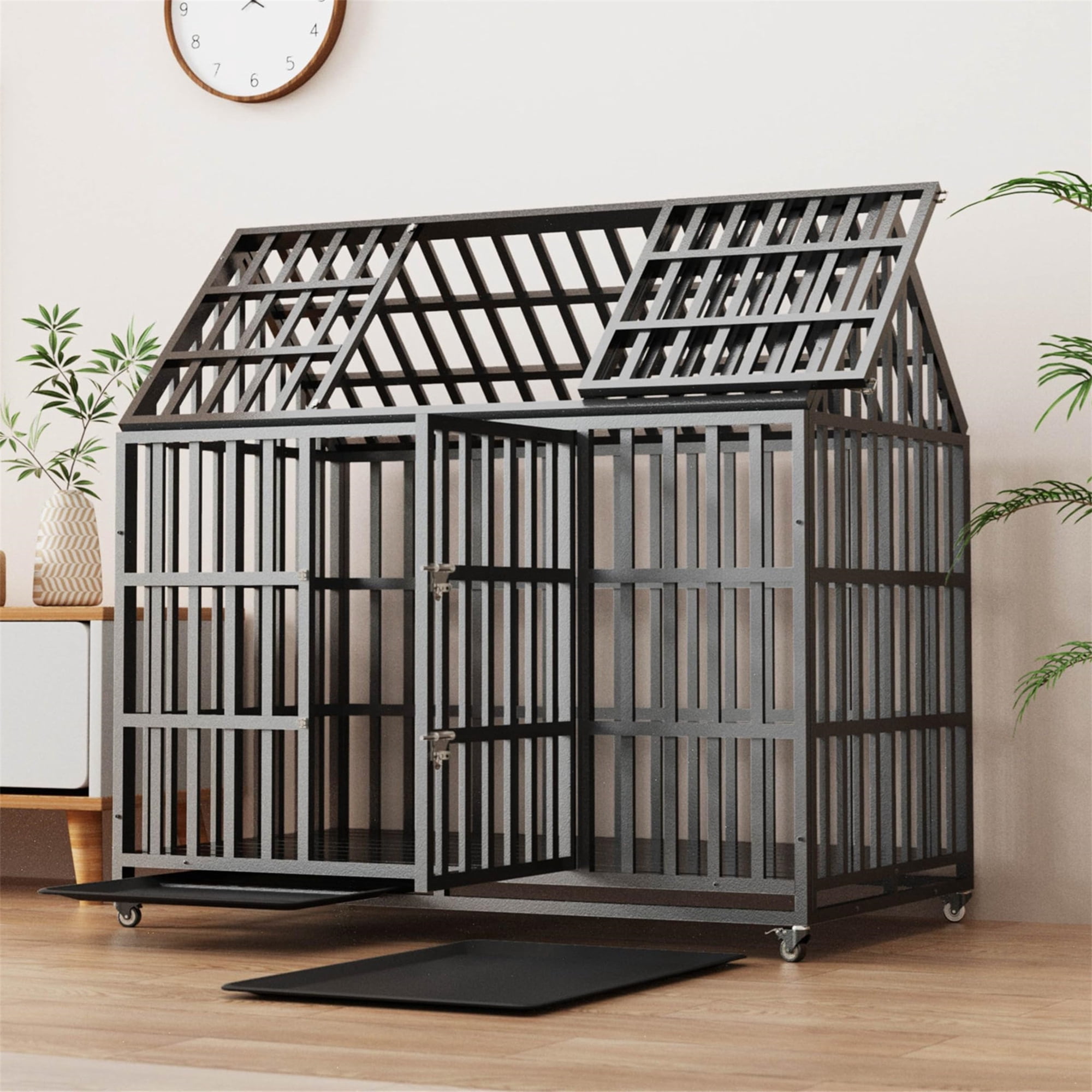Aukfa 43/47/51 in Heavy Duty Indestructible Dog Crate, House Shape Escape Proof Dog Cage Kennel with Lockable Wheels & Removable Tray