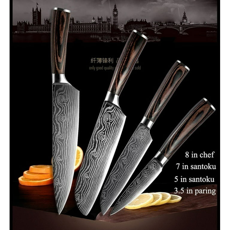 Everrich Kitchen Knife Set Stainless Steel Blades Damascus Laser