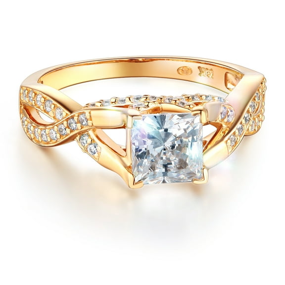 Wellingsale Ladies Solid 14k Yellow Gold Polished CZ Cubic Zirconia Princess Cut Engagement Ring with Side Stones - Size 4