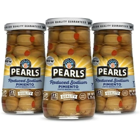 Pearls Reduced Salt Pimiento Stuffed Manzanilla Green Olives, 5.75oz Pack of 3 Jars Reduced Salt Pimiento Stuffed Manzanilla Olives