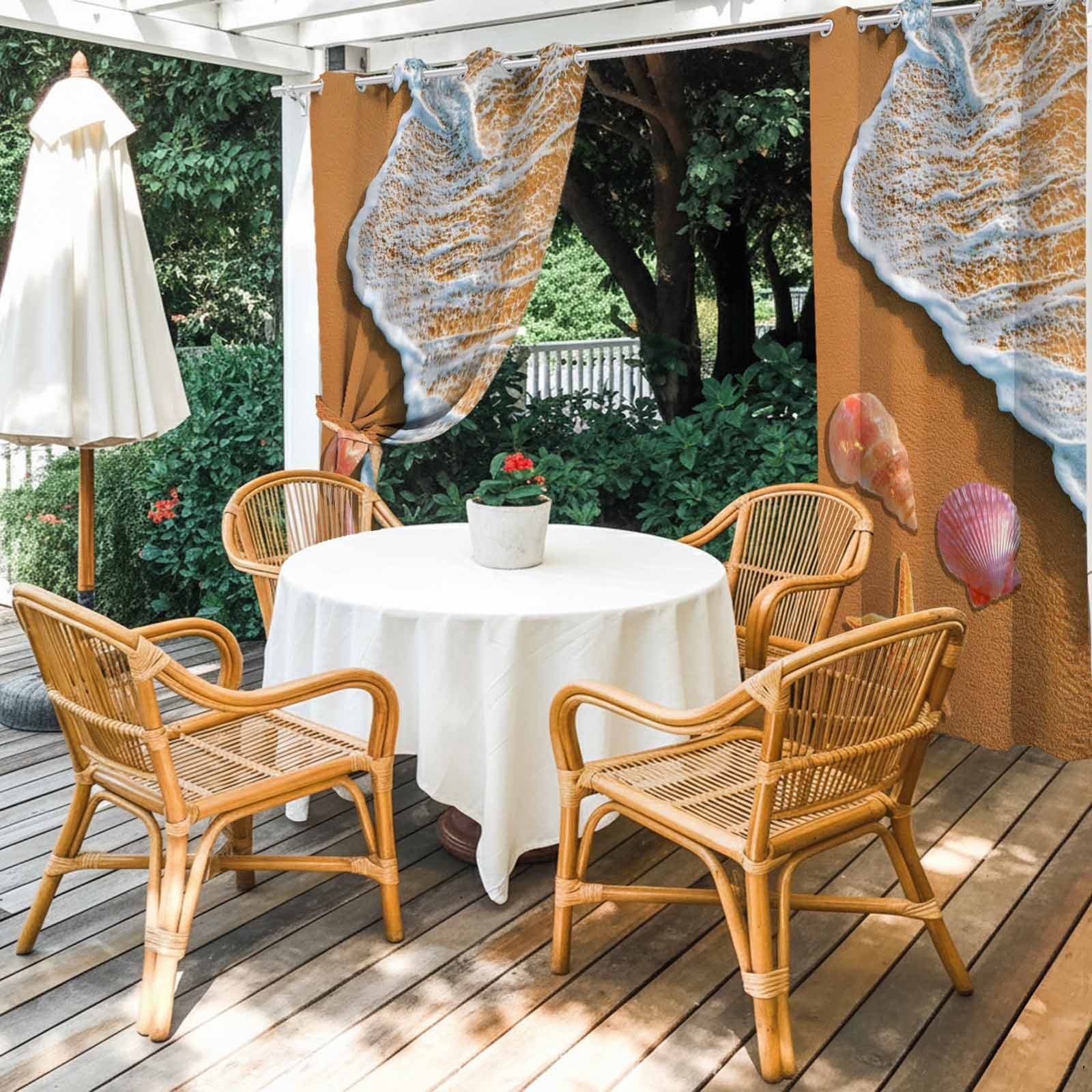 Summer Beach Outdoor Curtains for Patio, Ocean Waves Conch Starfish Shell Coastal Sunshade Privacy Drapes Grommet Waterproof Outside Curtains for Porch/Cabana/Balcony 54"x 108", 1 Panel