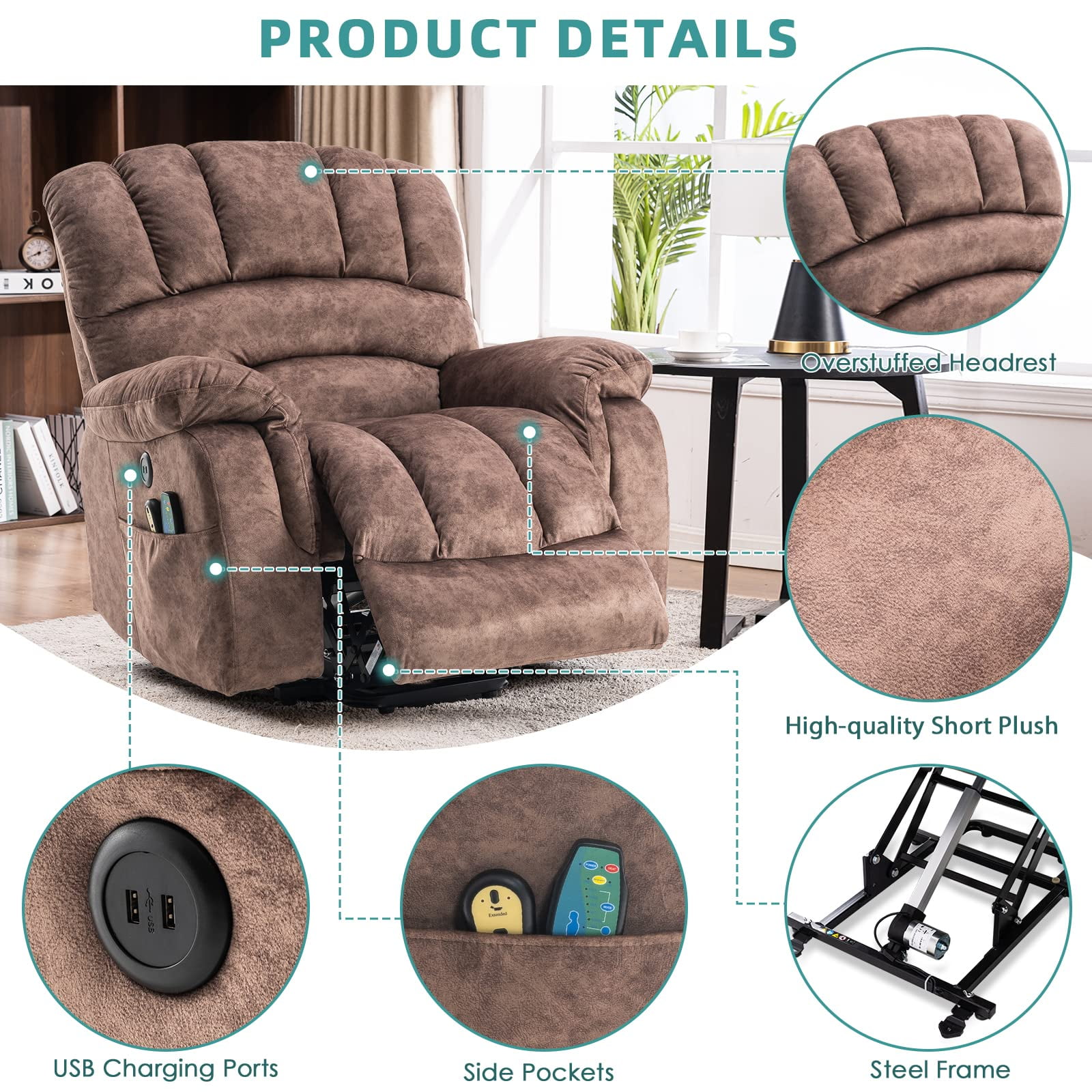 MEETWARM Large Power Lift Electric Recliner Chair with Massage and Heat, Overstuffed Wide Recliner for Elderly Big People, Heavy Duty Recliners with 2 Remote Controls, USB Ports, 2 Side Pocket (Brown)