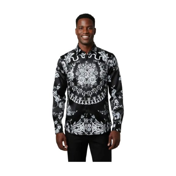 Mens Oscar Banks Brand Name Turkey Shirt Satin Floral European 6425 Black white