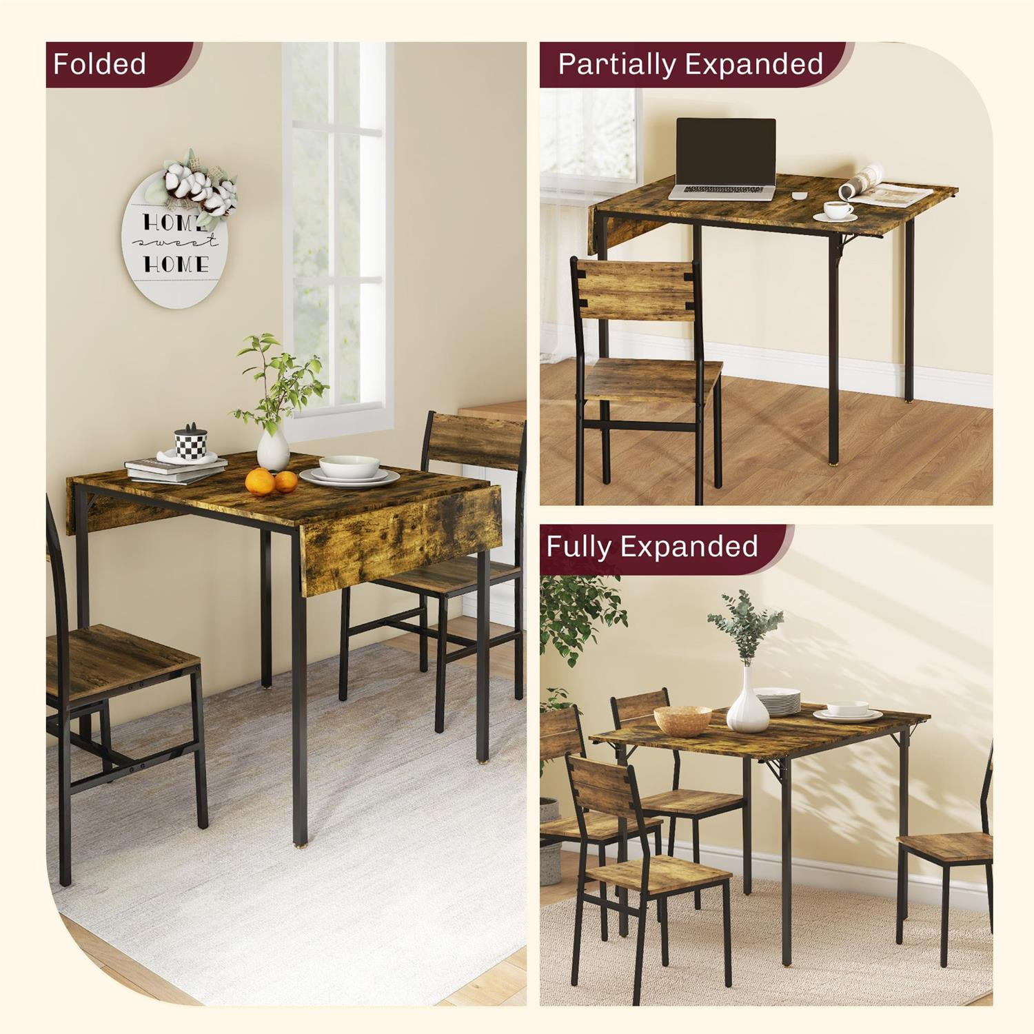 Demi Bonn Compact Industrial Folding Table for 2-4 Persons, Rustic Brown Wood Look for Small Spaces, Space-Saving Design, Easy Storage