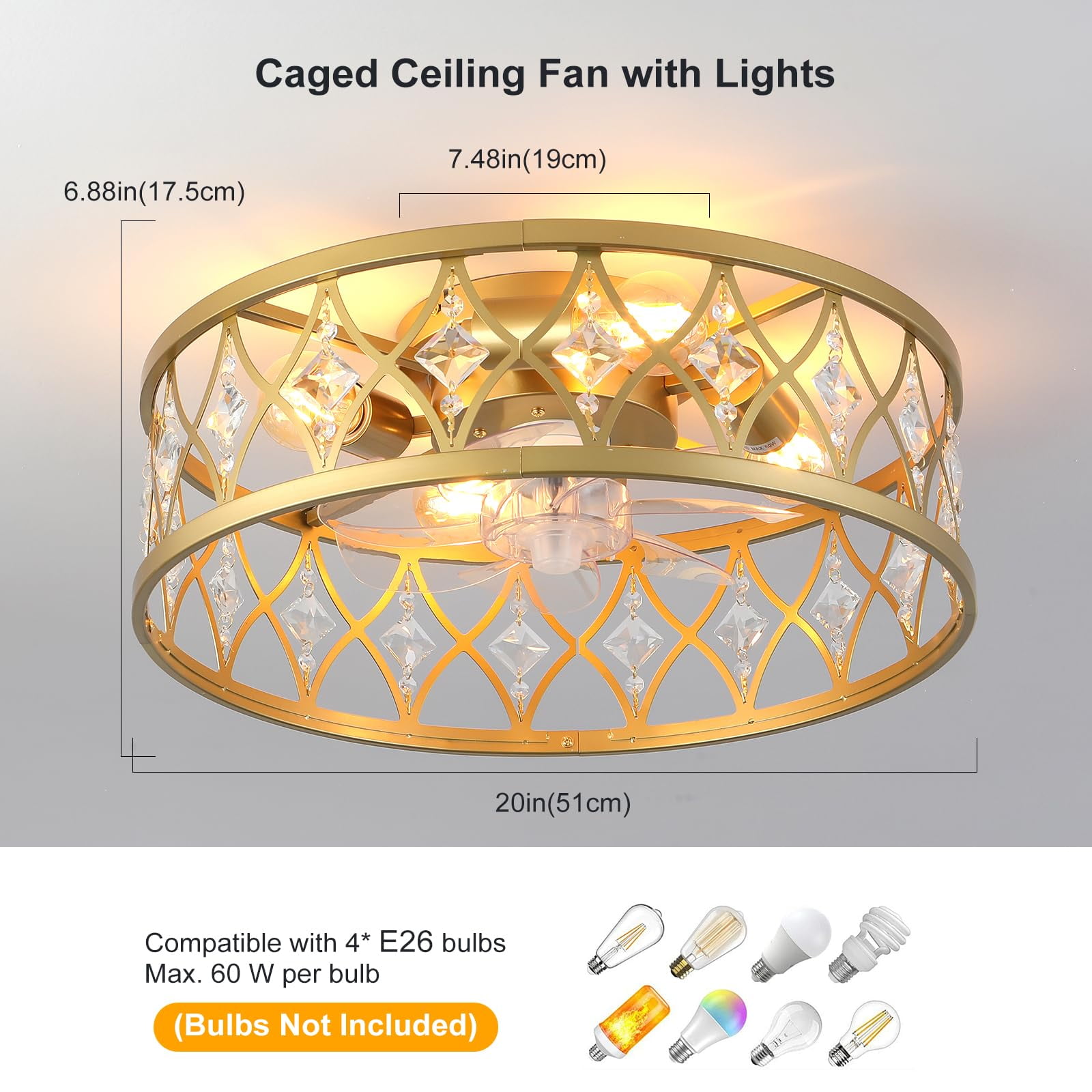 Garwarm 20" Gold Crystal Ceiling Fan with Lights and Remote, Flush Mount Fandelier, Low Profile Caged Bladeless Ceiling Fan for Bedroom, Living Room, Kitchen