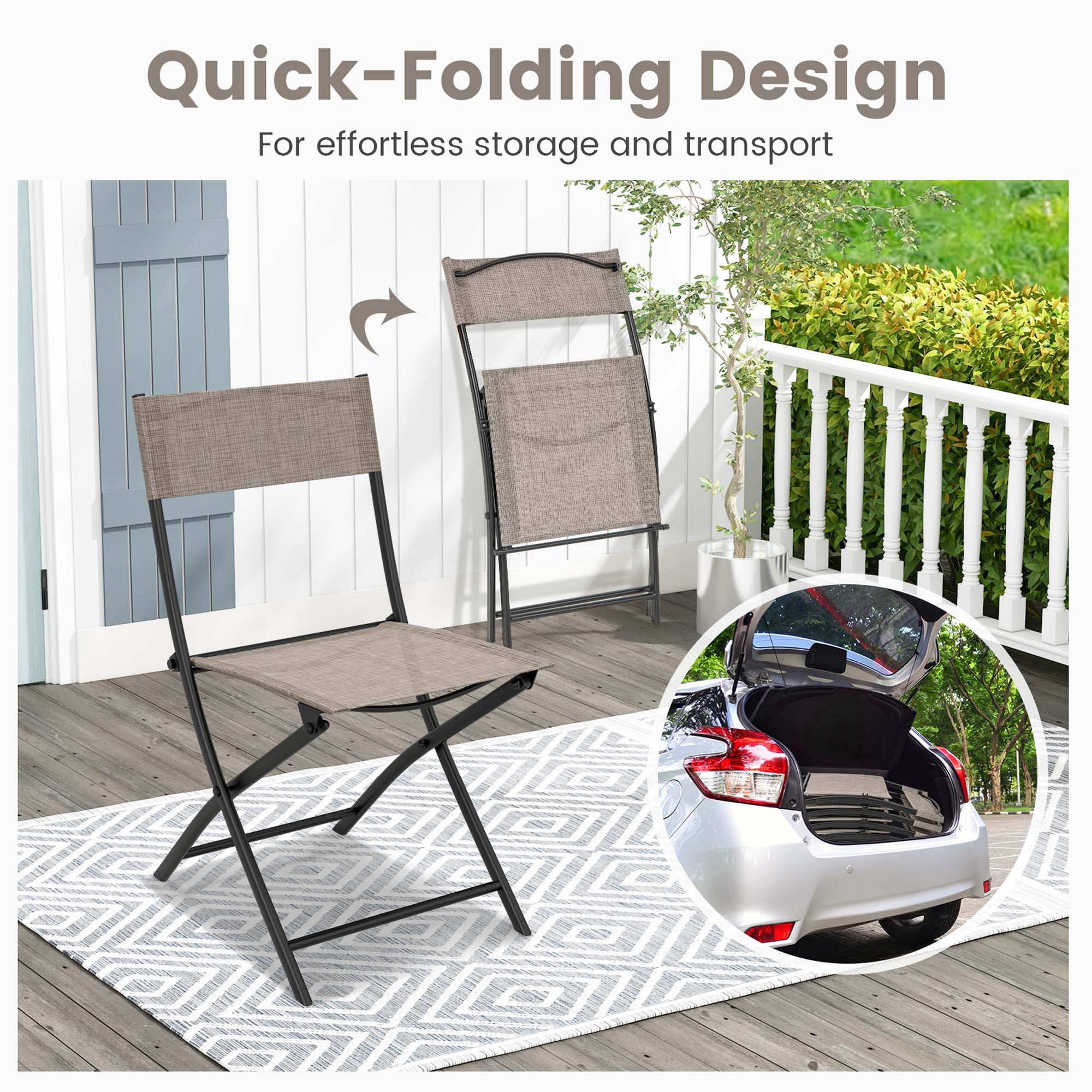 Costway Patio Metal Outdoor Camping Breathable and Lightweight Folding Chairs, Coffee (Set of 4)