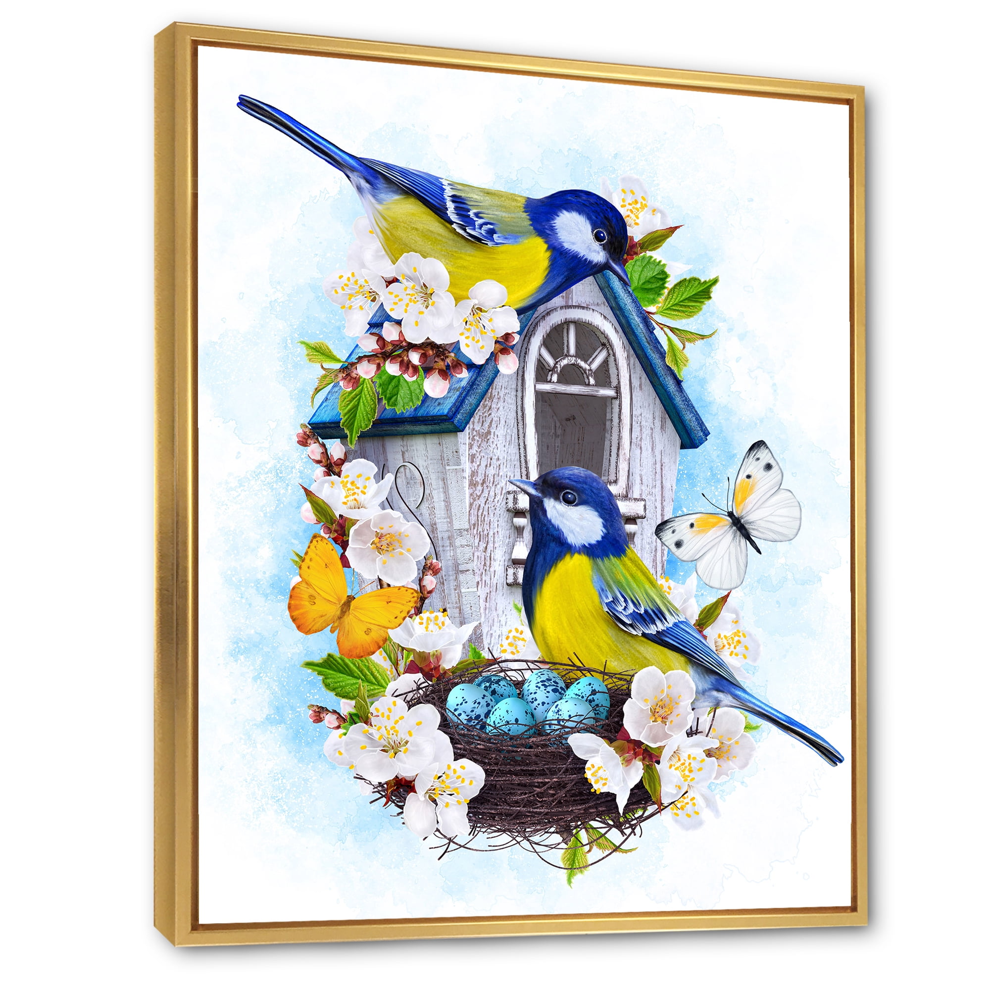 Designart 'Two Tit Birds Sitting Near The Nest With Eggs and White Flowers I' Traditional Framed Canvas Wall Art Print