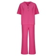 thumbnail image 4 of Waffle Knit Lounge 2 Piece Outfits for Women Summer Fall Casual Button V Neck Top and Wide Leg Flare Pant Sets (L, Hot Pink), 4 of 7