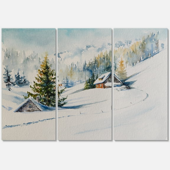 The Winter Mountains With Little House 28 in x 36 in Painting Canvas Art Print, by Designart