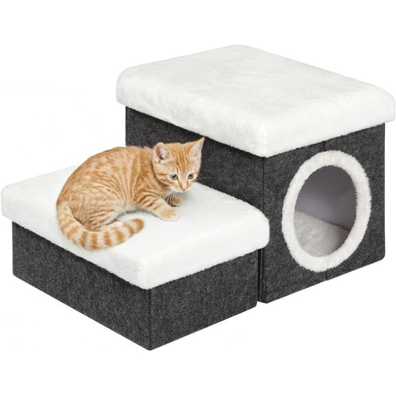 Cat House Pet Stairs for Beds Sofa, Foldable Dog Steps 2-Tier With Storage Toy Box, Small Indoor Pet Steps Grey 15.7x12.6x12.6 Inches