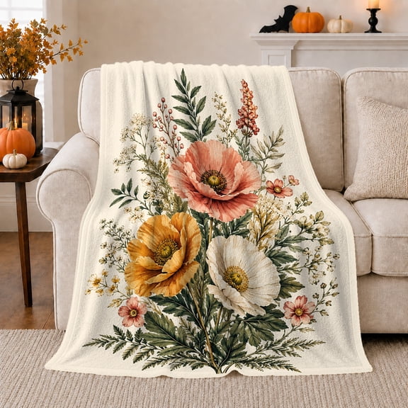 Large Warm Poppies Amid Detailed Botanical Sprigs, Soft Flannel Blanket with Vintage Botanical Illustration Print, Housewarming Gift and Home Decor for Bedroom and Living Room