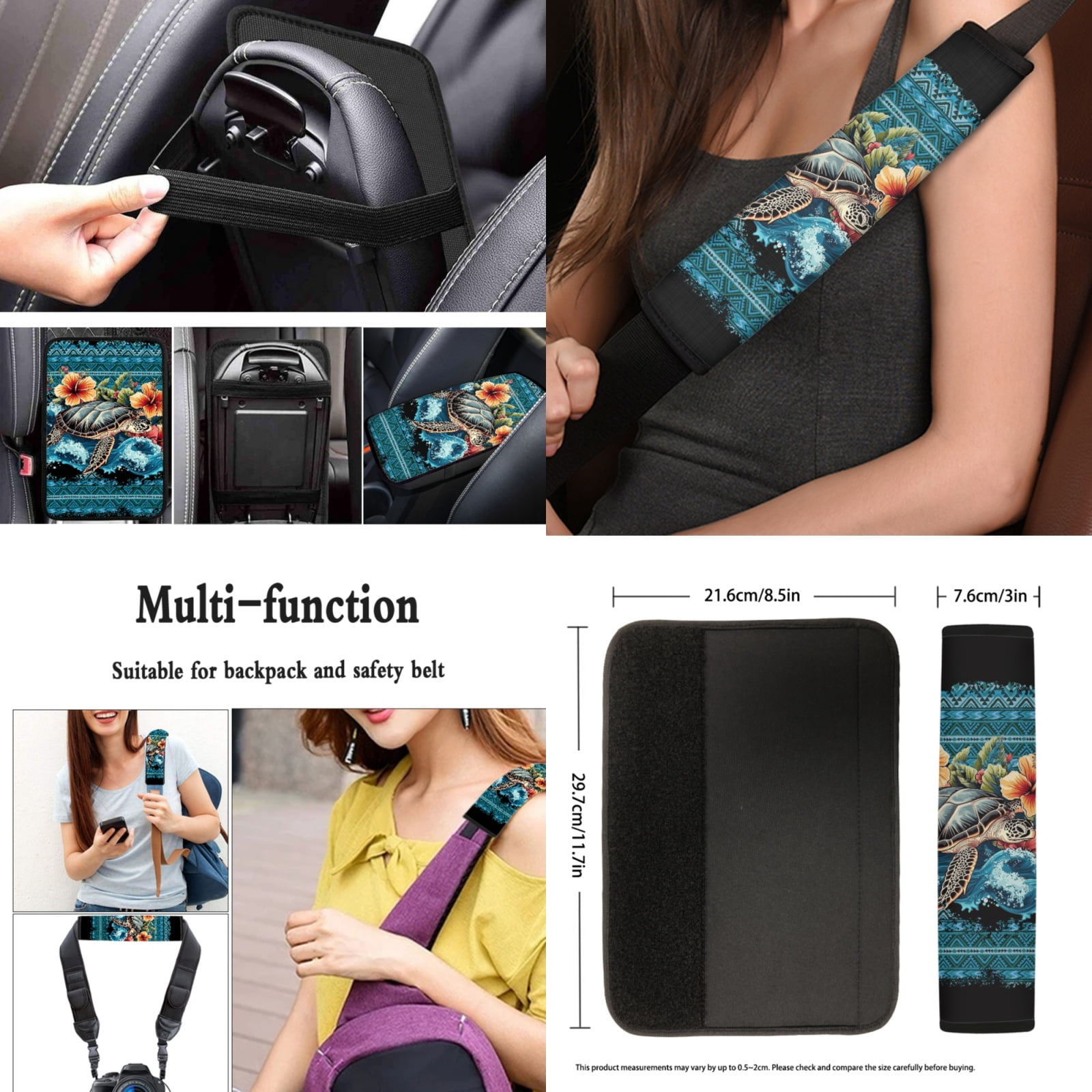 Yuyamidu Aztec Sea Turtle Car Seat Cover Set with Steering Wheel Cover Seat Belt Pad Cup Holder Hibiscus Auto Armrest Cover for Most Cars SUVs
