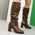 thumbnail image 3 of Slouchy Wide Mid Calf Boots for Women 2025 Winter Fall Leather Buckle Slouch Block Heeled Knee High Tall Boots, 3 of 7