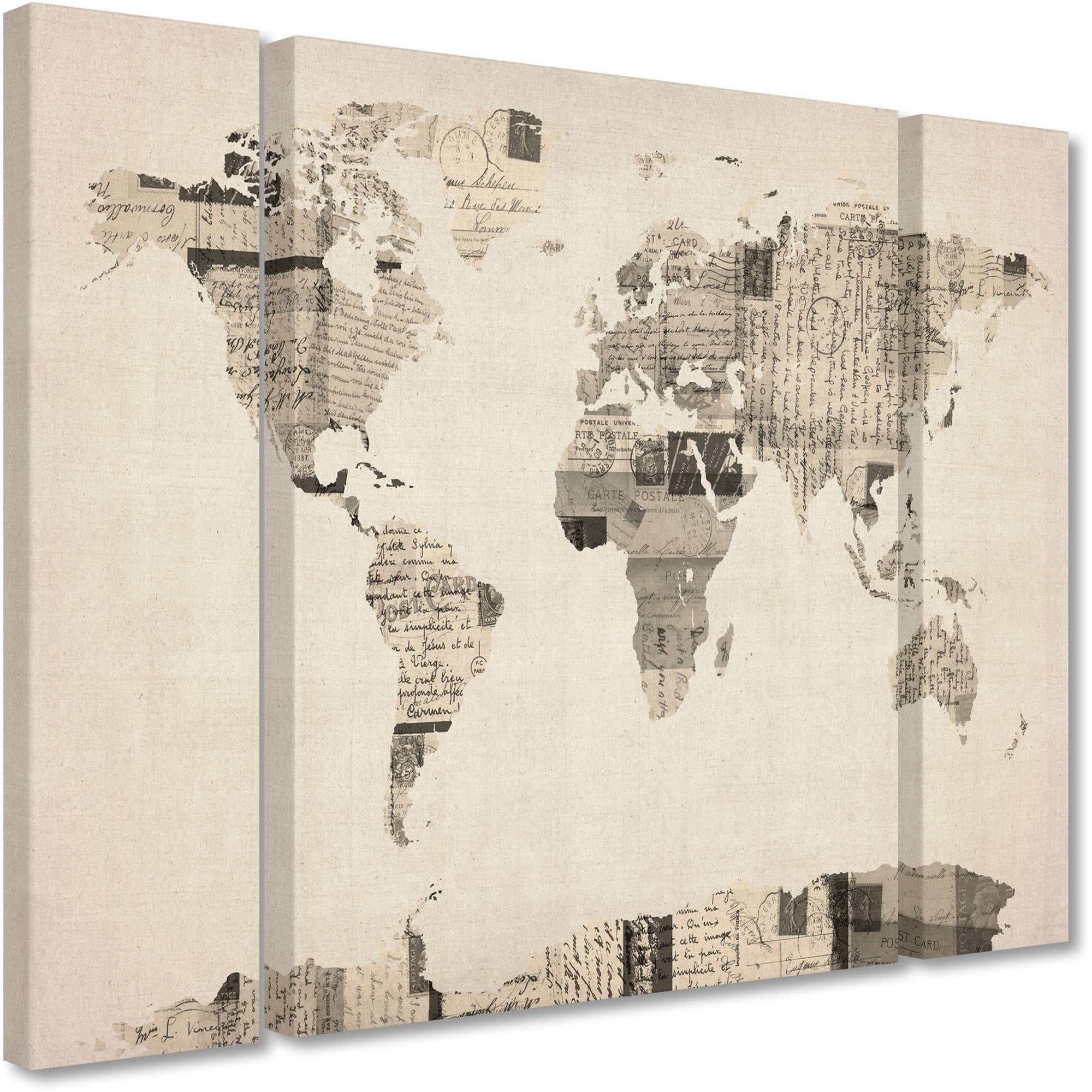 Trademark Fine Art "Postcard World Map" Canvas Art by Michael Tompsett Three Panel Set