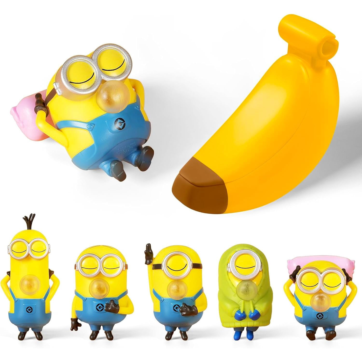 Minions Blind Box Figure Set - Bundle with 4 Despicable Me Mystery Mini Squishy Stress Relief Figurines with Banana Plus Stickers, More | Minions Mystery Figures Blind Box Pack