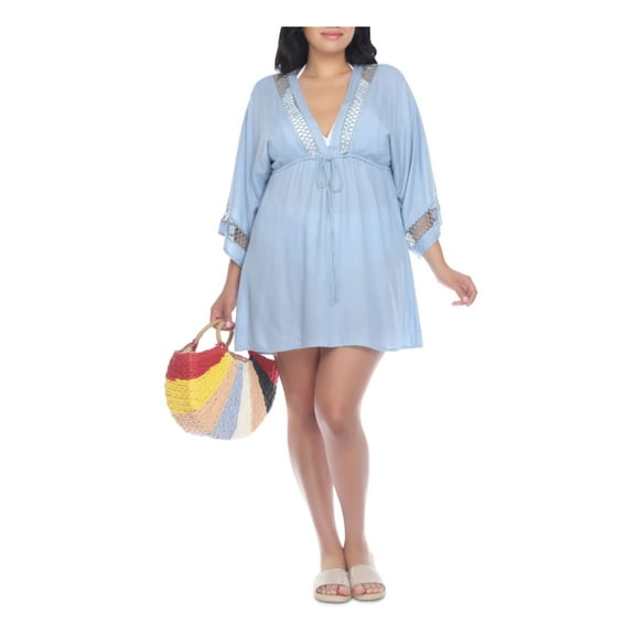 RAVIYA Women's Light Blue Cinched-Waist Tie Deep V Neck Crochet Swimsuit Cover Up 1X