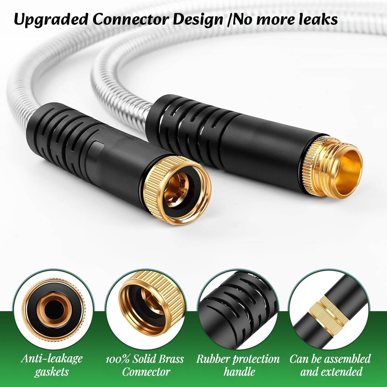 Teblint Metal Garden Hose 100ft, 304 Stainless Steel Garden Hose, Heavy Duty Water Hoses with 10 Function Hose Nozzle, Flexible, No Kink & Tangle, Puncture Proof Hose for Yard, Outdoors, Rv