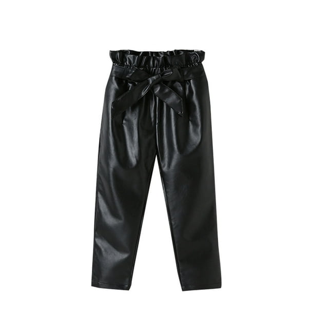 Pantalones de cuero de PU para niñas pequeñas Pantalones de tubo elásticos de cintura alta sólidos con cinturón XBTCLXEBCO 4-5 años, Negro