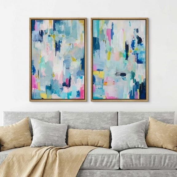 IDEA4WALL Framed Canvas Print Wall Art Set Vibrant Abstract Expressionist Dynamic Brushwork Illustrations Colorful Graffiti Pattern Modern Pop Art Wall Decor Minimal for Home Decor - Natural 16"x24"x2
