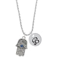 thumbnail image 1 of Delight Jewelry Silvertone Hamsa Hand with Blue Crystal Silvertone Script Initial Disc - B - Charm Necklace, 20"+3", 1 of 4