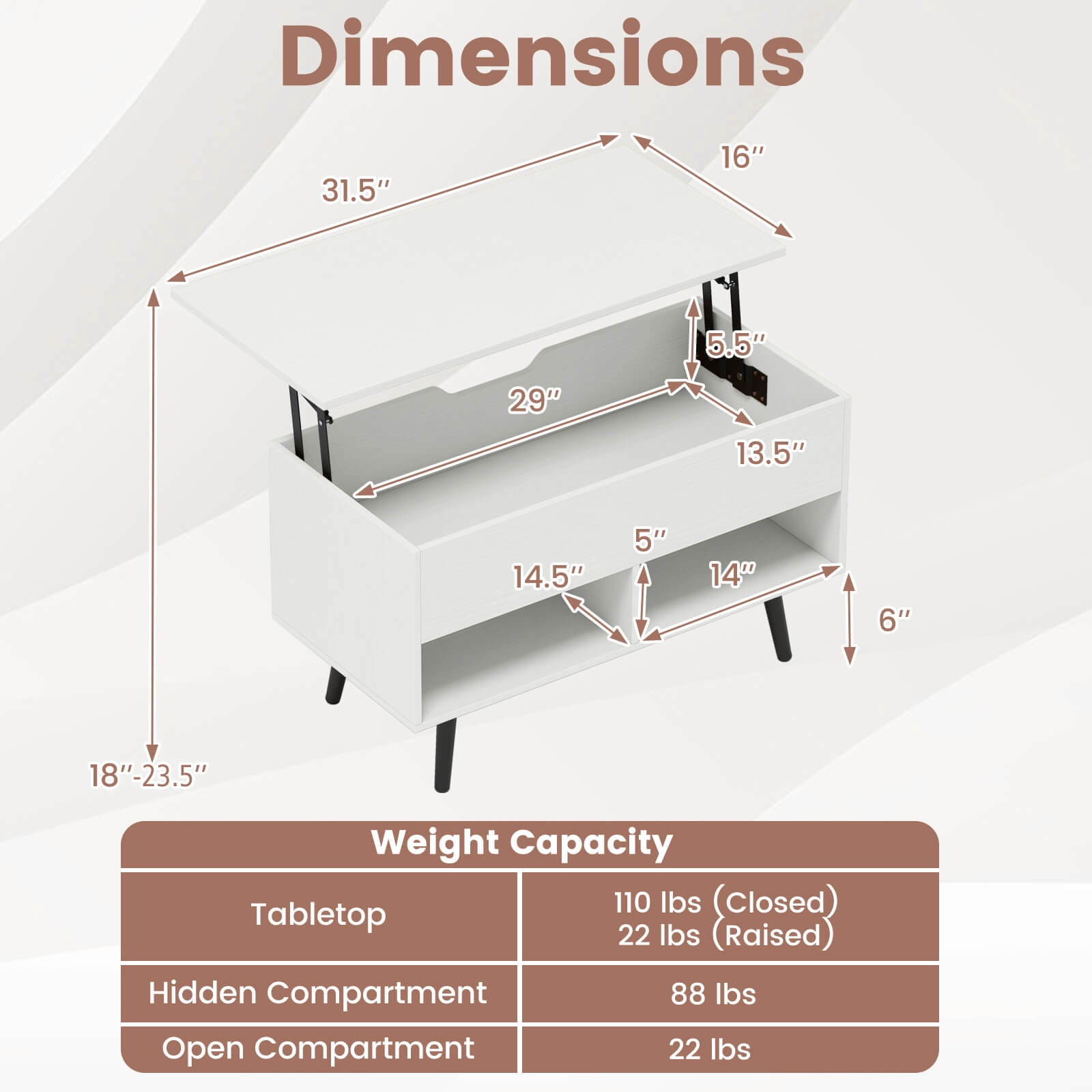 Costway 31.5" Lift Top CoffeeTable ModernTable with Hidden Compartment Wood Legs For Home White