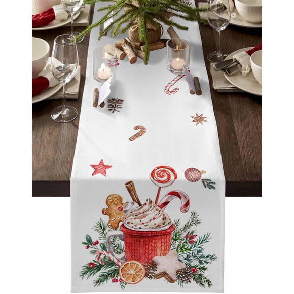 Chemin de Table de Noël 36 Pouces de Long, Bonhomme en Pain d'Épice Café Cappuccino Blanc Décoration de Table à Manger Cuisine Hiver Chemin de Table pour Décoration de Fête à la Maison 13x36 Pouces