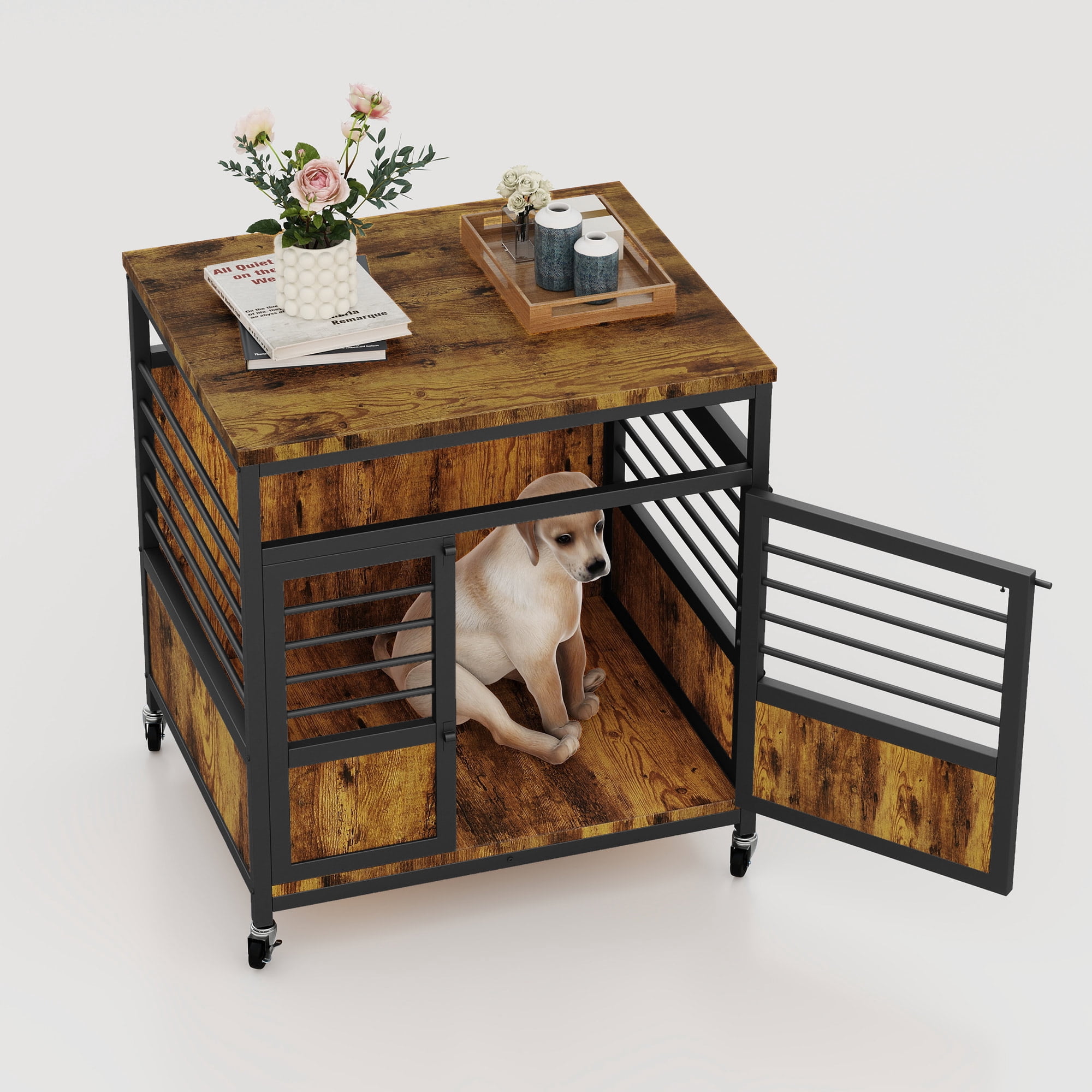 Uforic 24 Inch Dog Crate Furniture with Wheels,Wooden Dog Kennel for Dogs - Rustic Brown
