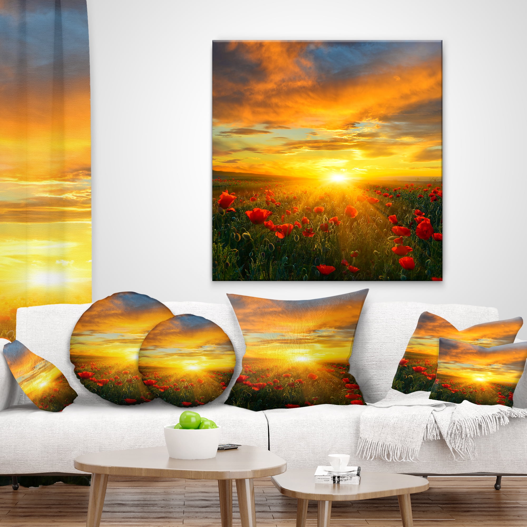 Designart Bright New Day over Poppy Fields - Floral Throw Pillow - 16x16