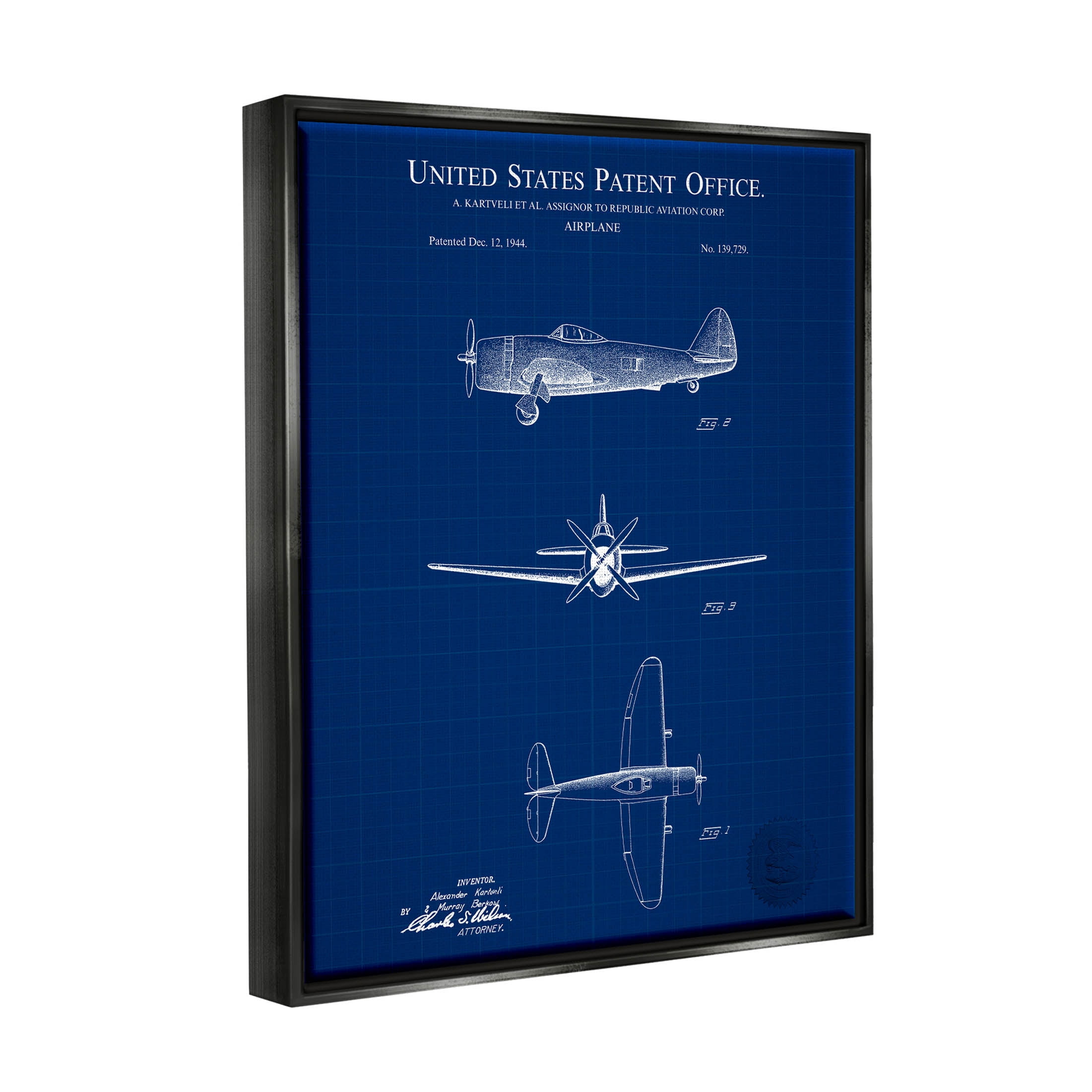 Stupell Industries Detailed US Airplane Blueprint Graphic Art Jet Black Floating Framed Canvas Print Wall Art, Design by Karl Hronek