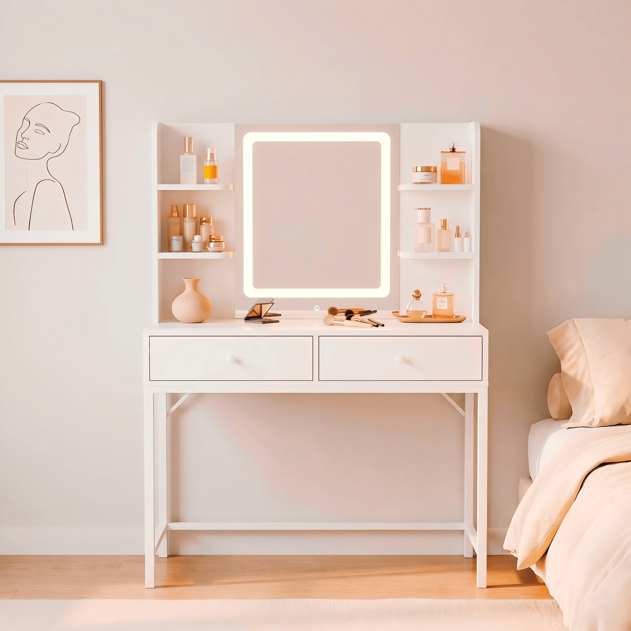 Lofka White Makeup Vanity Desk, LED Lighted Mirror Vanity Table with Adjustable Light, Storage Drawers & 4 Open Shelves for Bedroom