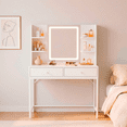thumbnail image 5 of Lofka White Makeup Vanity Desk, LED Lighted Mirror Vanity Table with Adjustable Light, Storage Drawers & 4 Open Shelves for Bedroom, 5 of 10
