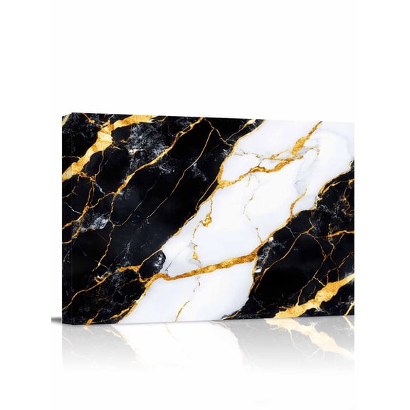 Black Marble Wall Art for Living Room,Canvas Picture Wall Decor for Bathroom Bedroom,Luxury Gold White Abstract Cracks Artwork Painting Artwork for Office Kitchen Hallway Dining Room Decor 20"x24"
