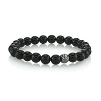 Spartan Men's 8mm Black Agate Beaded Bracelet with Decorative 925 Sterling Silver Connecting Bead