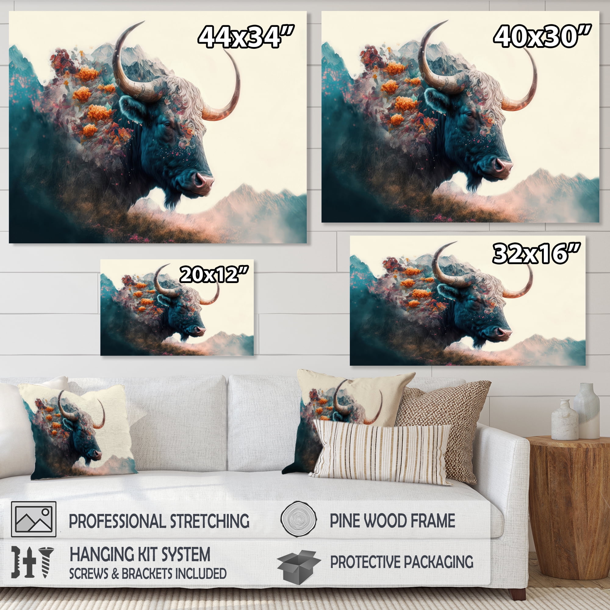 Designart Double Exposure Of A Taurus With Nature Landscape II Canvas Wall Art