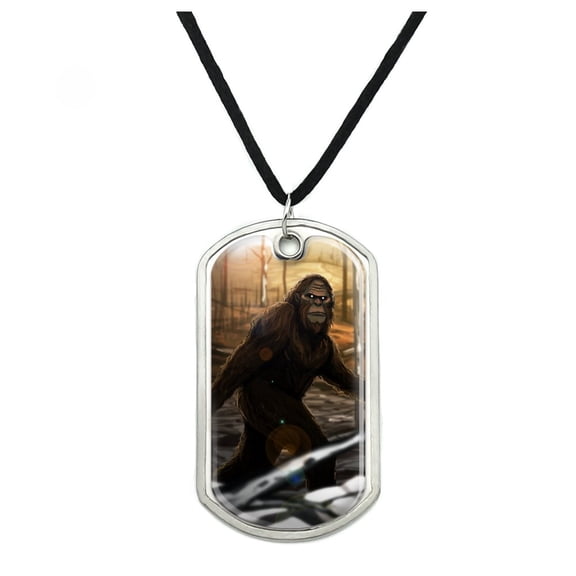 Bigfoot Sasquatch Walking in the Woods Military Dog Tag Pendant Necklace with Cord