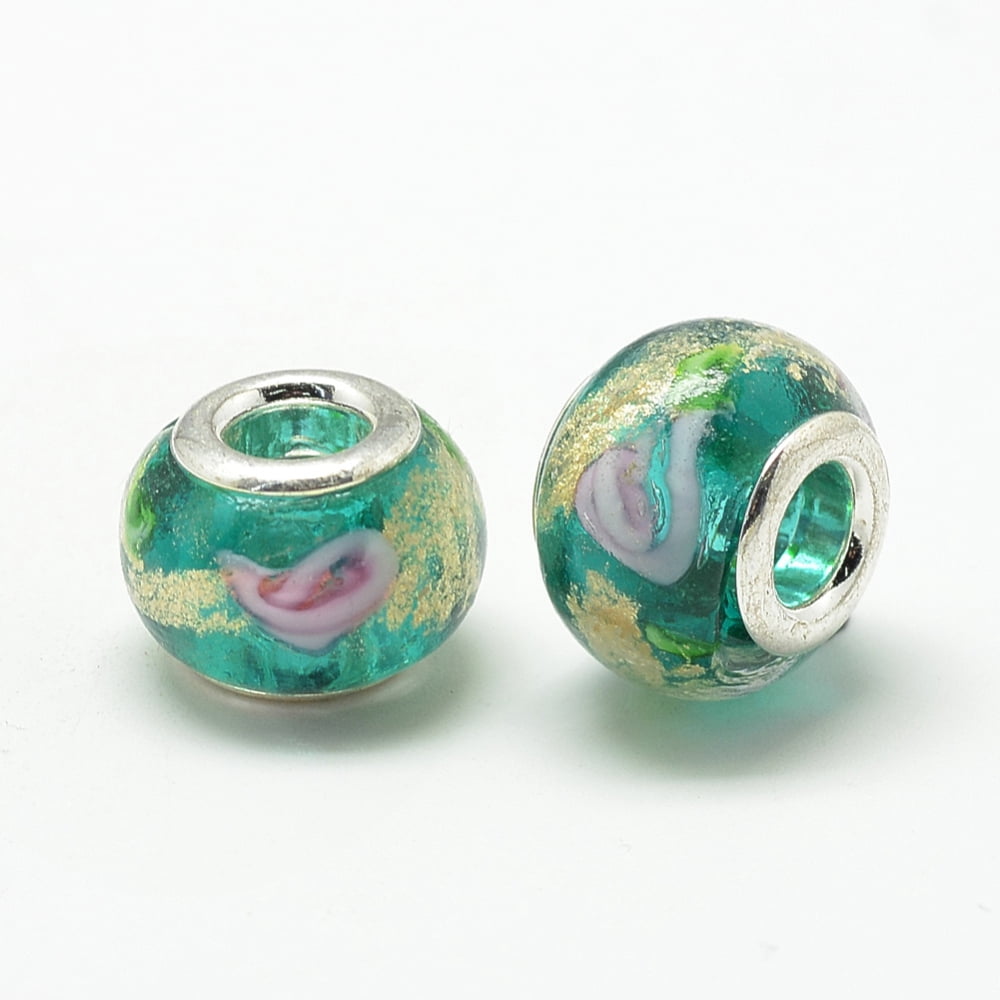 Handmade Gold Sand Lampwork European Beads with Brass Double Cores Large Hole Beads Rondelle Platinum Green 13.5~14.5x10.5~11mm Hole: 5mm