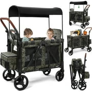 Vomeast Wagon Stroller for 2 Kids, 3-in-1 Stroller Wagon with Canopy, 5-Point Harness, Adjustable Handlebars, Removable Seat for Toddlers, Camo Green