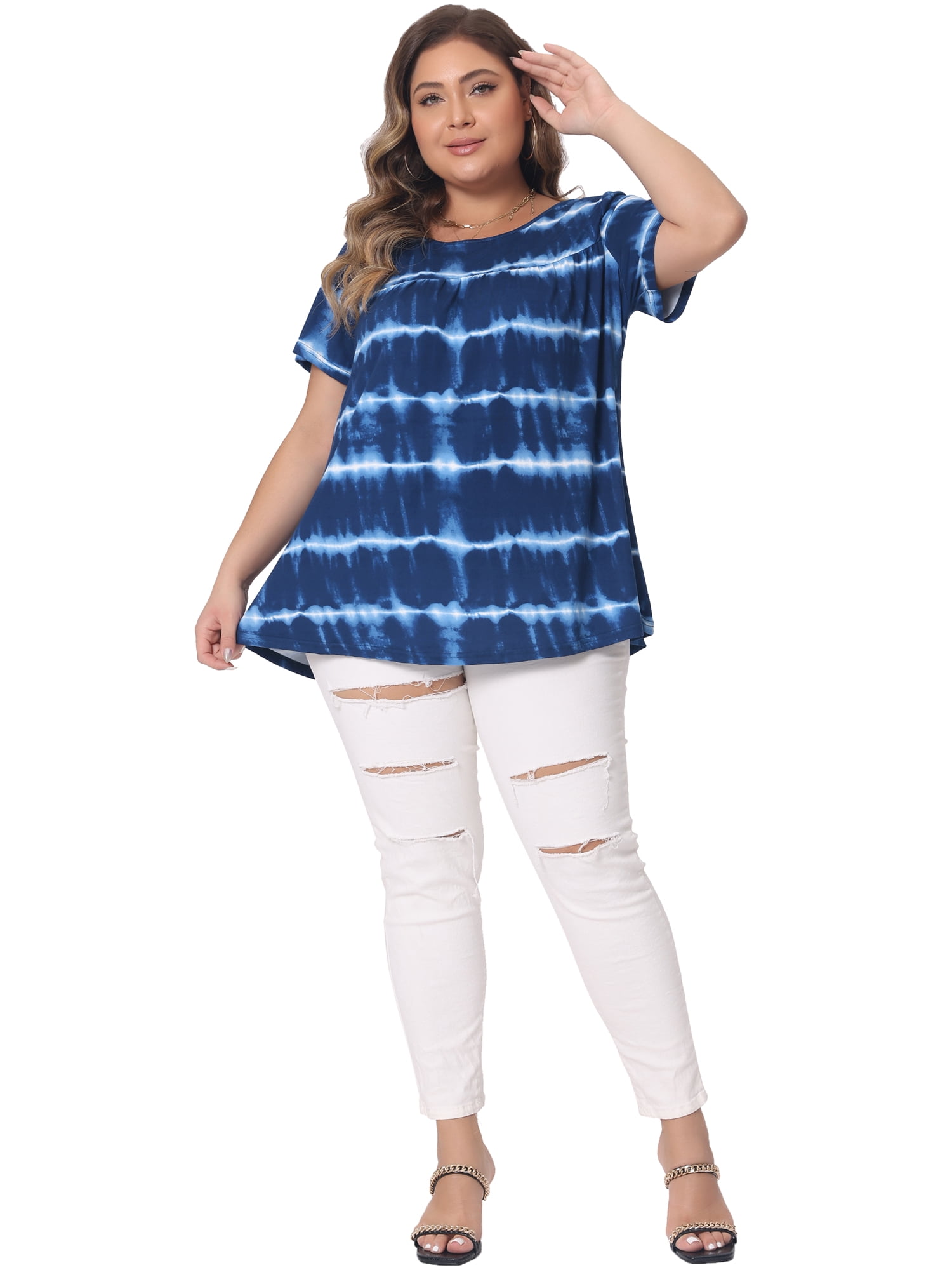 DARING DIVA Women's Plus Pleated Front Casual Blouse 3X Blue