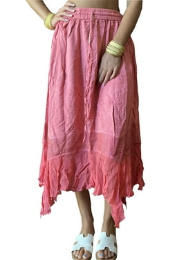 Mogul Women Boho Skirt, Pink Embroidered Hi Low Skirt, Flared Summer Bohemian Maxi Skirts M