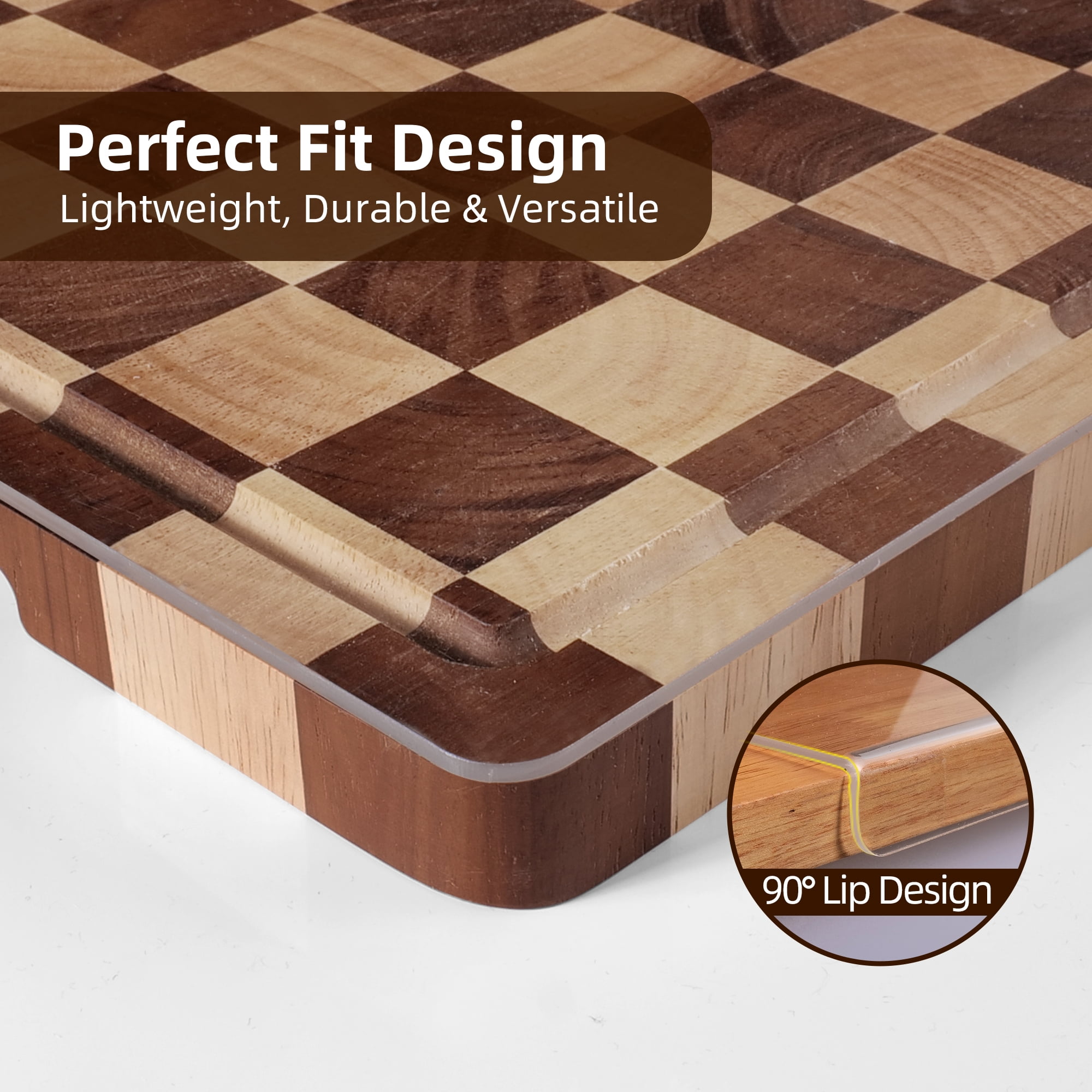 TJ POP Cutting Board Set of 2 – Checkered Wood & Acrylic Cutting Board with Counter Lip for Kitchen Counter, Wood Checkerboard Chopping Board with Juice Grooves for Vegetables, Fruits, Meat