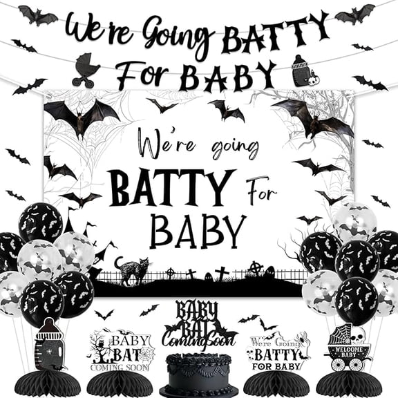 Gothic Halloween Baby Shower Decoration We're Going Batty for Baby Backdrop Banner Halloween Bat Coming Soon Cake Topper Gothic Spooky Centerpiece Balloon 3D Ghost Bat Sticker Decoration