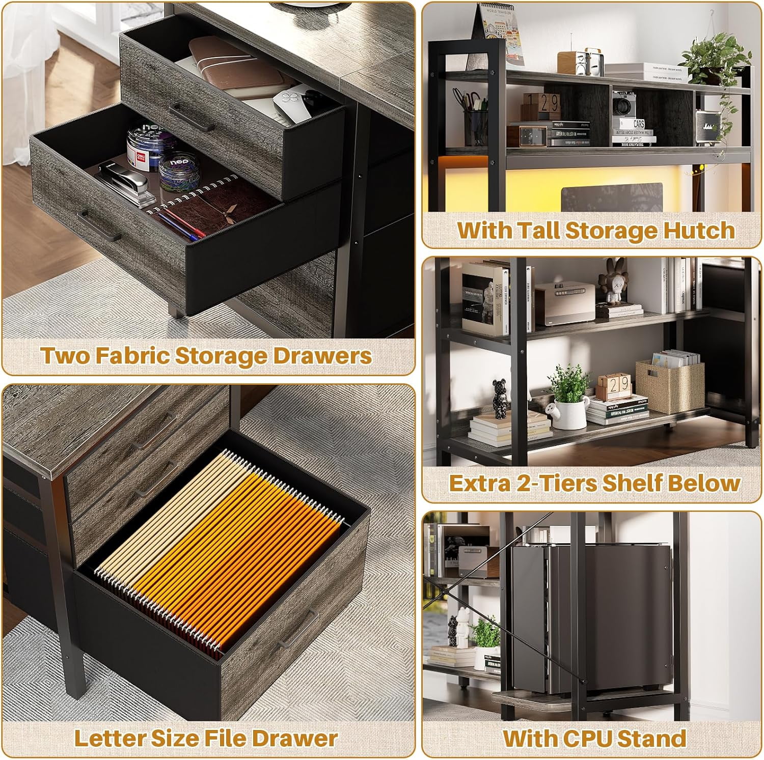iSunirm L Shaped Gaming Desk with Storage, Computer Gaming Desk with LED Lights & Hutch, Reversible Computer Desk with Power Outlet, Corner Desk with Drawers, Shelves for Home, Black Oak