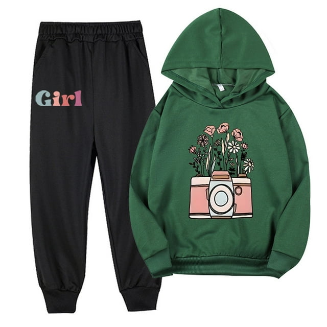 Odeerbi 2-9 Años Niñas Trajes de Algodón Estampado de Flores Sudaderas Con Capucha Pantalones de Dos Piezas Sudaderas de Manga Larga Con Capucha