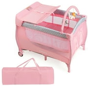 Gymax Portable Playpen Foldable Baby Playard Nursery Center with Changing Station, Pink, Unisex