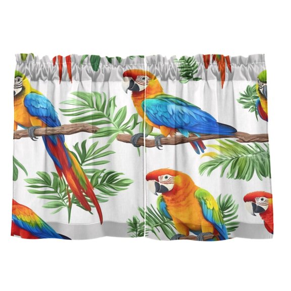 Vibrant Tropical Birds 27"x24" Linen Look Cafe Curtain Set with Privacy and UV Protection